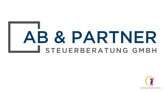 Logo for AB & PARTNER Steuerberatung GmbH: blue wordmark with a gray square frame on the left and a small round seal in the bottom-right.