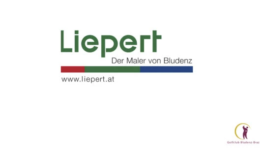 Liepert logo for a painter from Bludenz, with a green wordmark, colored bar, slogan, and the website www.liepert.at; a small round logo appears in the bottom-right corner.