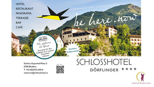 Promotional banner for SchlossHotel Dörlinger with mountain backdrop, 'be here now' slogan, listed facilities (hotel, restaurant, panorama terrace, bar, cafe) and 4-star rating.
