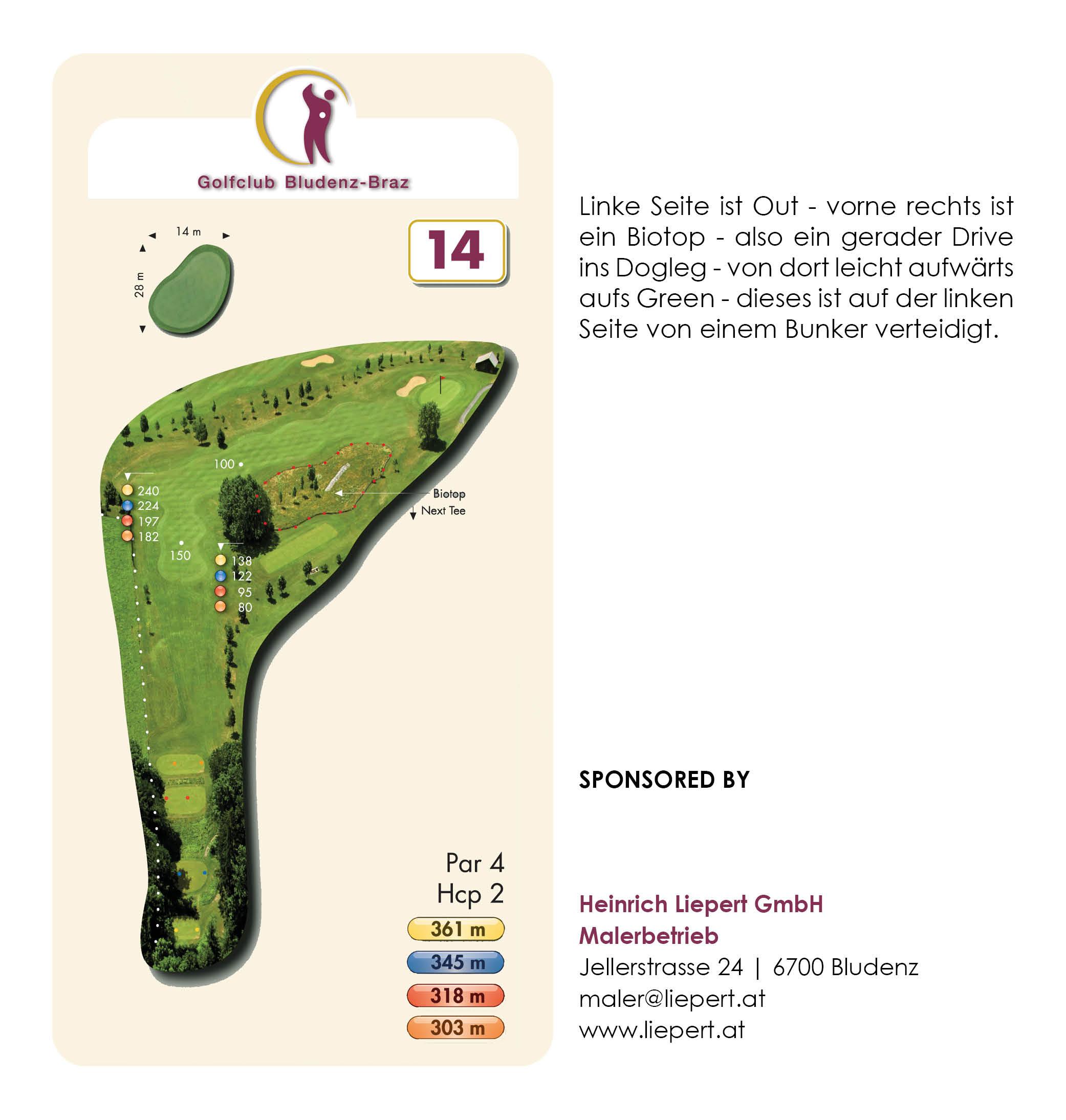 Infographic of a golf course hole map (Par 4) with yardage markers and sponsor text on the right side.
