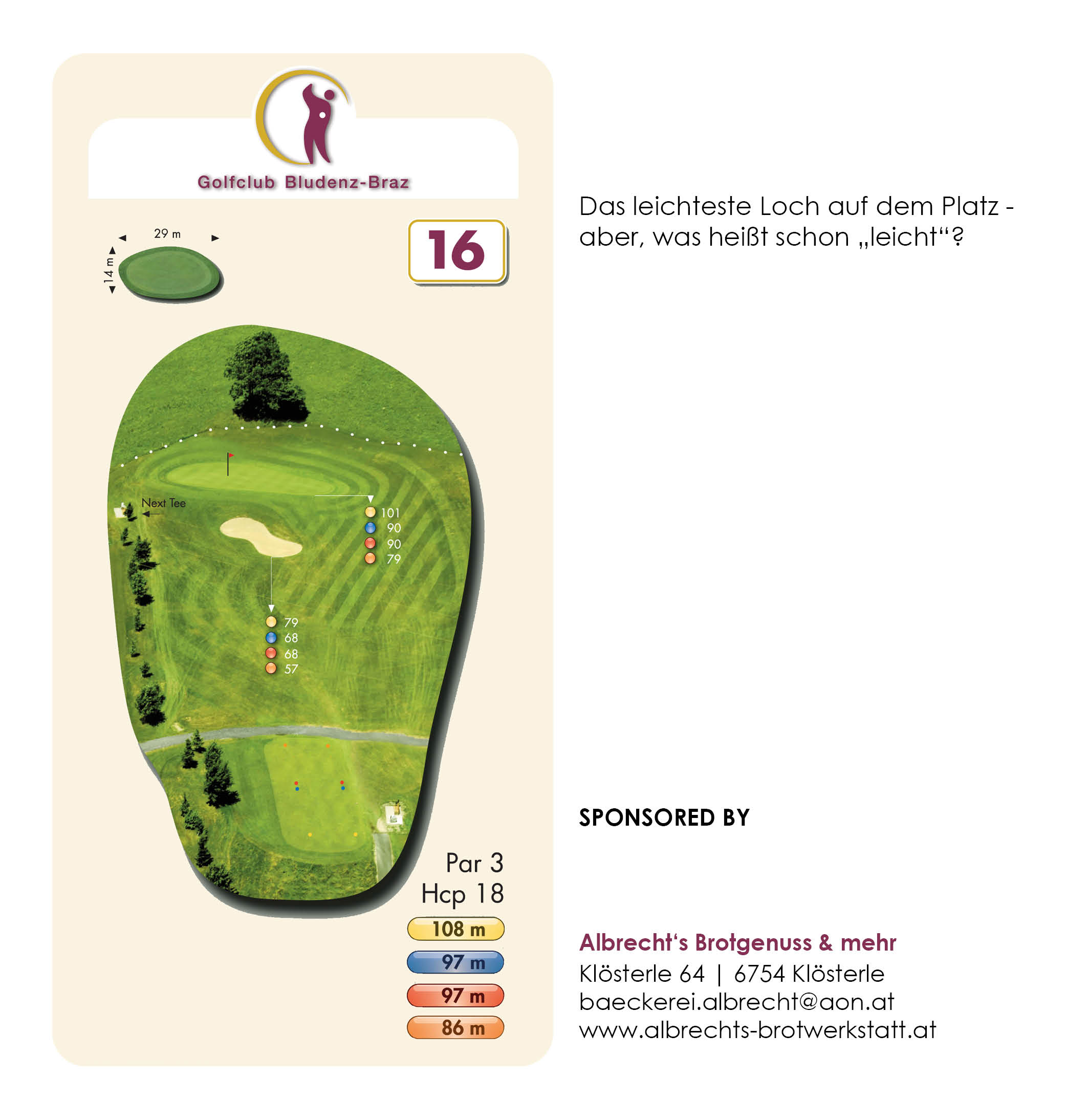 Infographic poster for Golfclub Bludenz-Braz with a hole layout, logo, and distance markers (hole 16).