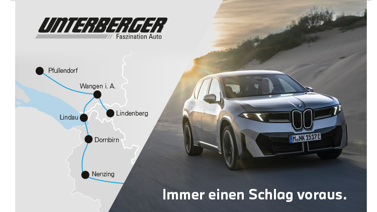 White BMW SUV drives along a dune road on the right; left shows Unterberger map and logo, with the slogan 'Immer einen Schlag voraus.'