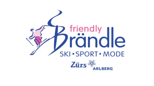 Logo for Friendly Brändle with a stylized skier and the words 'Ski • Sport • Mode' and 'Zürs Arlberg' in blue, pink accents.