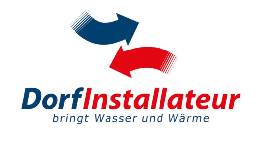 Logo for DorfInstallateur, a plumbing and heating company, featuring blue and red arrows and the slogan 'bringt Wasser und Wärme'.