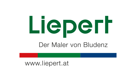 Liepert logo: green wordmark 'Liepert' with subtitle 'Der Maler von Bludenz', red–green–blue stripe underneath, and the website www.liepert.at.