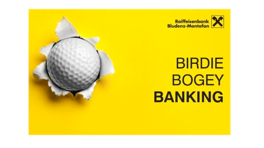 Yellow Raiffeisenbank ad with a torn paper hole revealing a golf ball; text reads 'BIRDIE BOGEY BANKING' and logo in corner.