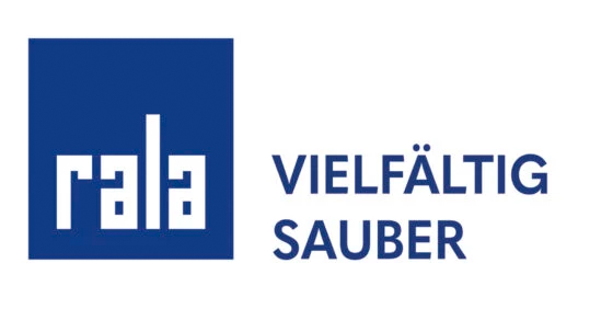 Rala logo: blue square with a white stylized 'rala' followed by bold blue text 'VIELFÄLTIG SAUBER'.