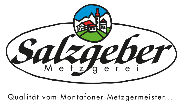 Logo for Salzgeber Metzgerei butcher shop: oval wordmark with a circular mountain landscape emblem above and the slogan below.