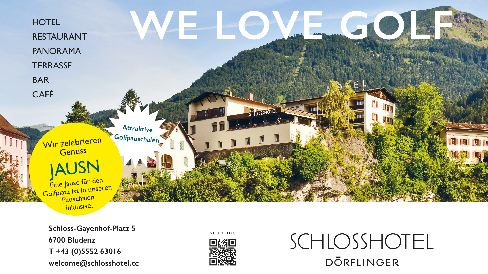 Hero banner for Schlosshotel: hillside hotel with large 'WE LOVE GOLF' headline and left-side menu (Hotel, Restaurant, Panorama, Terrasse, Bar, Café). A yellow circular promo overlaps a white starburst near the foreground.