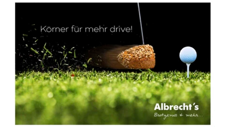 Golf-themed banner: ball on a tee being struck, with green grass in foreground and the slogan 'Könner für mehr drive!' plus Albrecht's logo in the corner.
