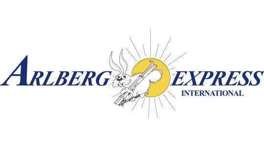 Arlberg Express International logo: blue serif text with a black dragon circling a yellow sun.