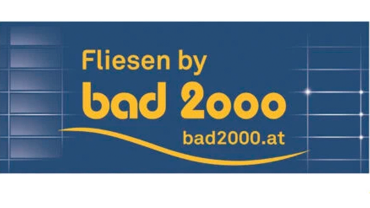 Tile company logo: 'Fliesen by bad 2000' in yellow on blue with a yellow swoosh and the site bad2000.at