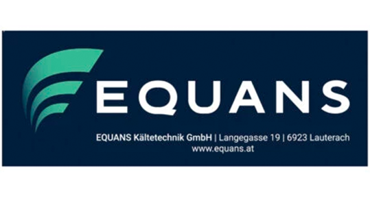EQUANS logo with a teal abstract symbol to the left of the wordmark on a dark blue gradient background; small address text below the logo.