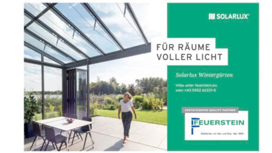 Promotional ad for SolarLux winter gardens with a glass conservatory, a woman walking on a patio, and the slogan 'FÜR RÄUME VOLLER LICHT' alongside logos.
