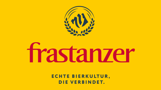 Frastanzer beer advertisement on a yellow background with a circular logo at the top, 'frastanzer' in red, and the tagline 'ECHTE BIERKULTUR, DIE VERBINDET.'
