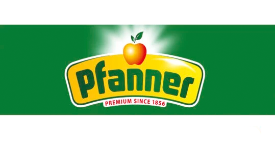 Pfanner logo on a green background with a yellow curved banner reading 'Pfanner' and an orange fruit above