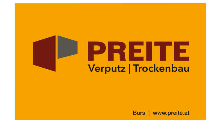 Brand logo for PREITE Verputz | Trockenbau on an orange background, featuring a red-brown and gray cube icon and the bold 'PREITE' text with the subtitle and website in smaller print.