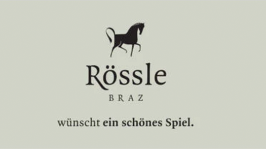 Logo for Rössle Braz featuring a black horse silhouette and the text 'Rössle Braz' with the slogan 'wünscht ein schönes Spiel'.