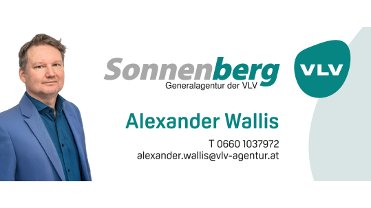 Alexander Wallis banner for Sonnenberg VLV agency with portrait on the left and contact information (phone and email).