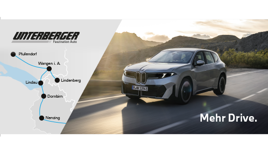Banner ad with a silver SUV driving on a mountain road, a map of route towns on the left (Pfullendorf, Wangen i. A., Lindau, Dornbirn, Nenzing) and the Unterberger logo; slogan reads 'Mehr Drive.'