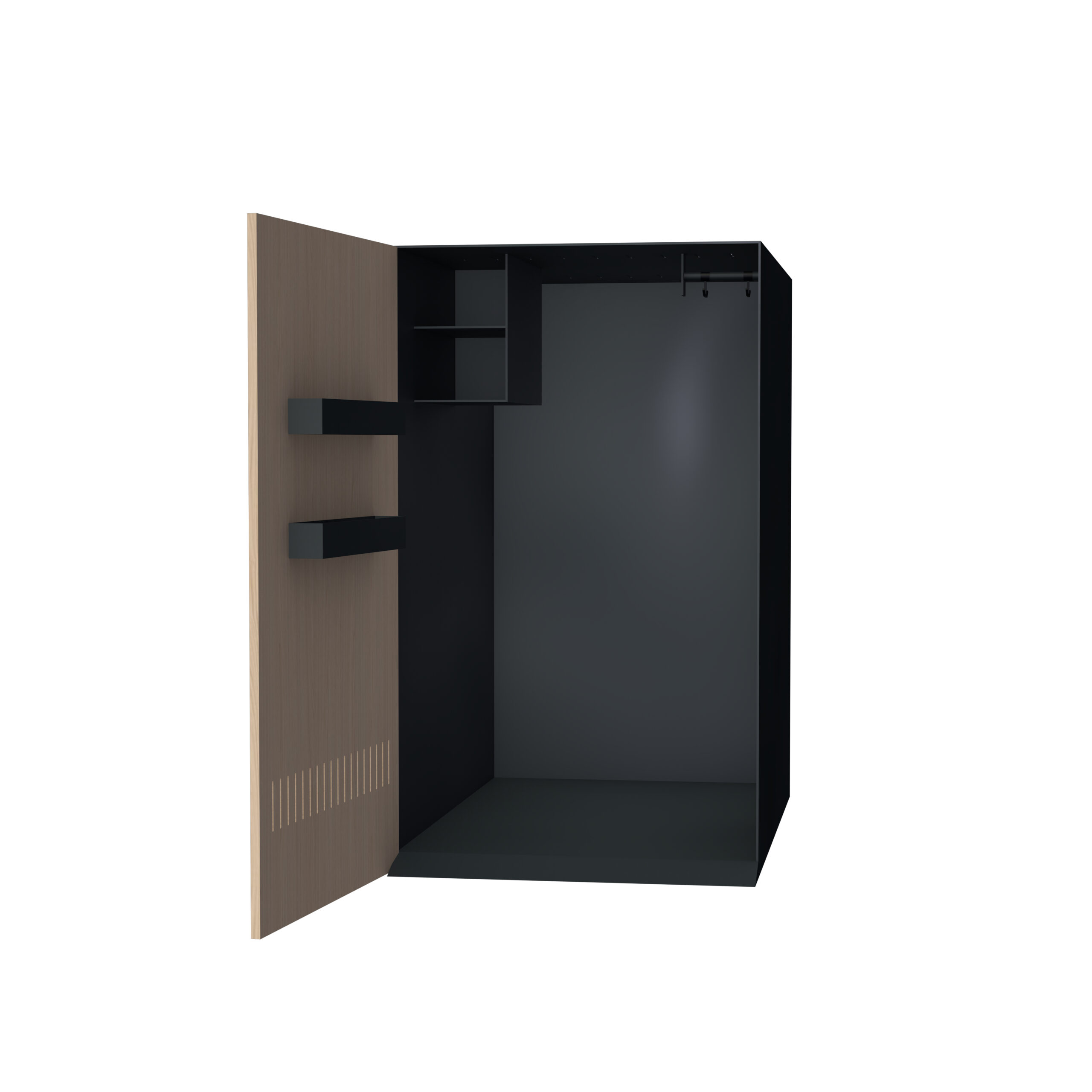 Open wardrobe with a light wood exterior and dark interior; shelves on the left and a hanging rail on the right side.