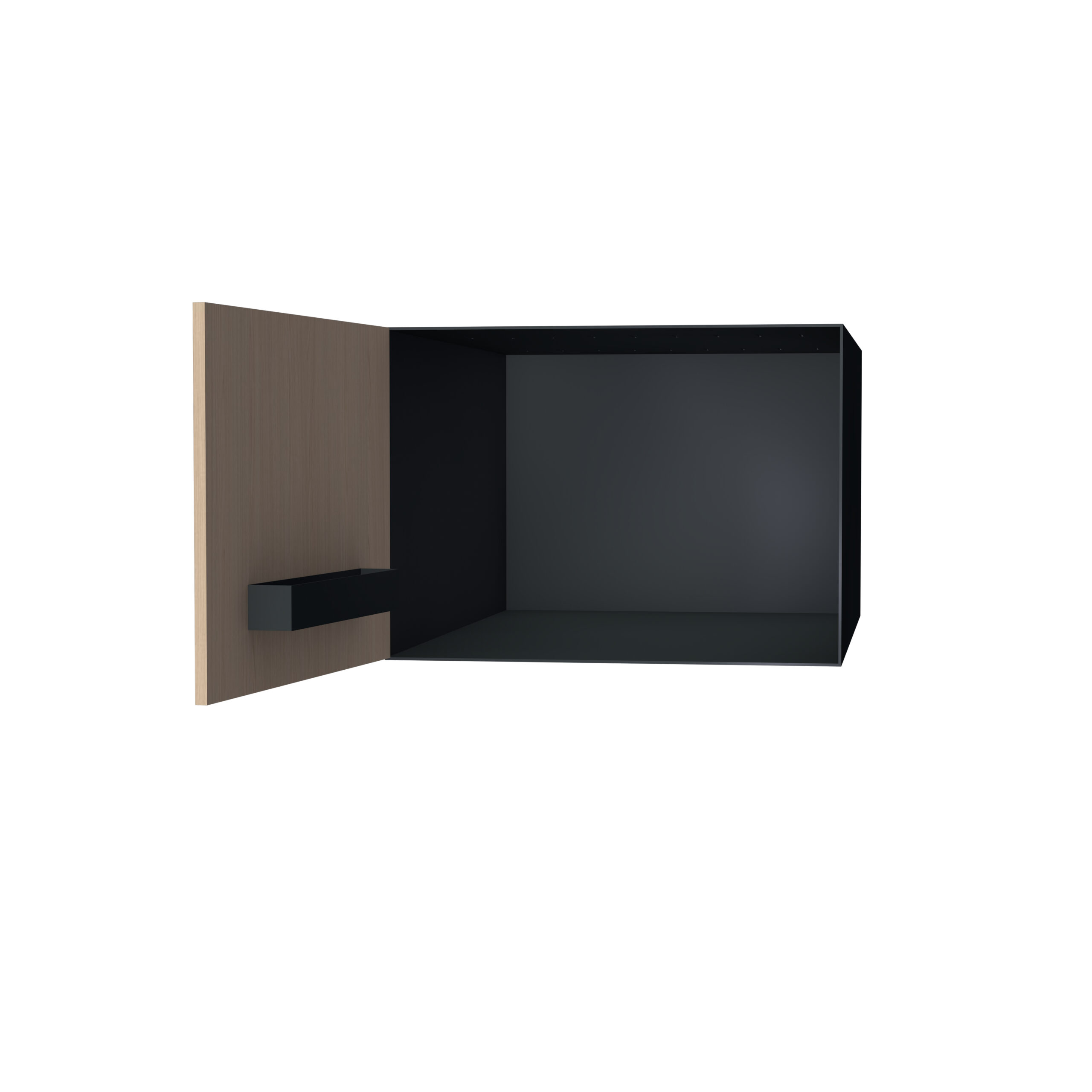 Open cabinet door revealing a dark interior with a small protruding shelf on the left and a light wood exterior surrounding it.